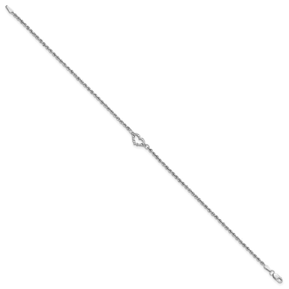 10k White Gold Diamond-cut Hollow Rope with Heart 9in Anklet