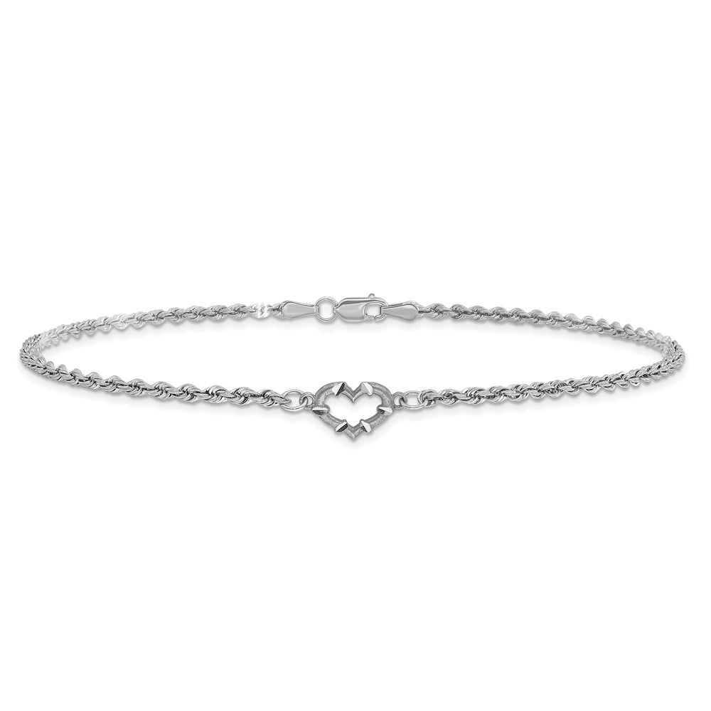 10k White Gold Diamond-cut Hollow Rope with Heart 9in Anklet