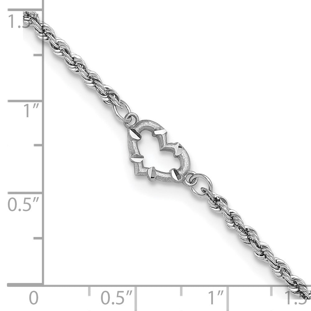 10k White Gold Diamond-cut Rope with Heart 10in Anklet