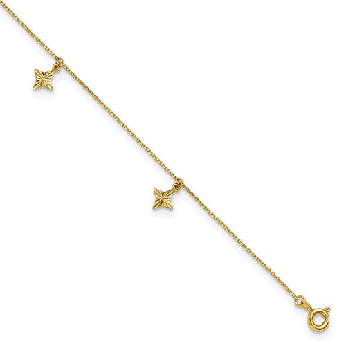 10k Polished Diamond-cut Stars Dangle Stations 9 Plus 1in ext. Anklet