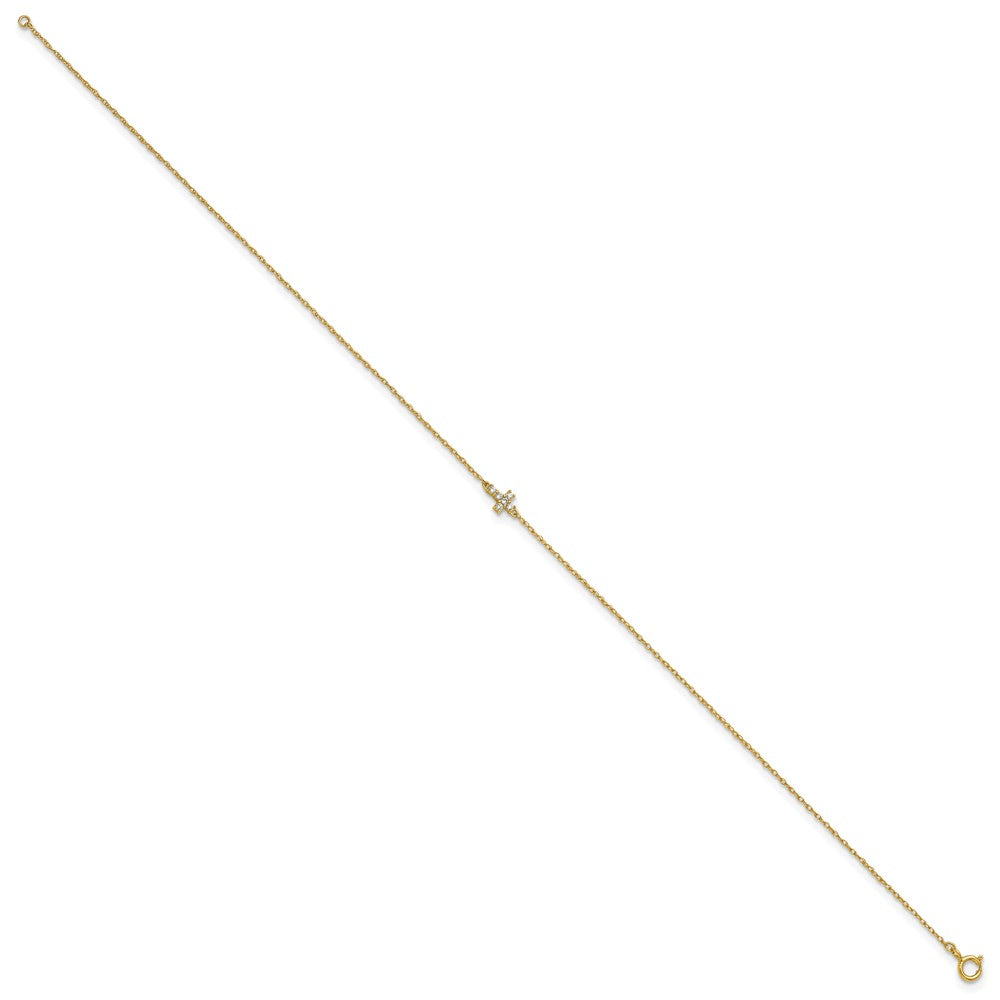 10k Polished CZ Cross 10in Anklet