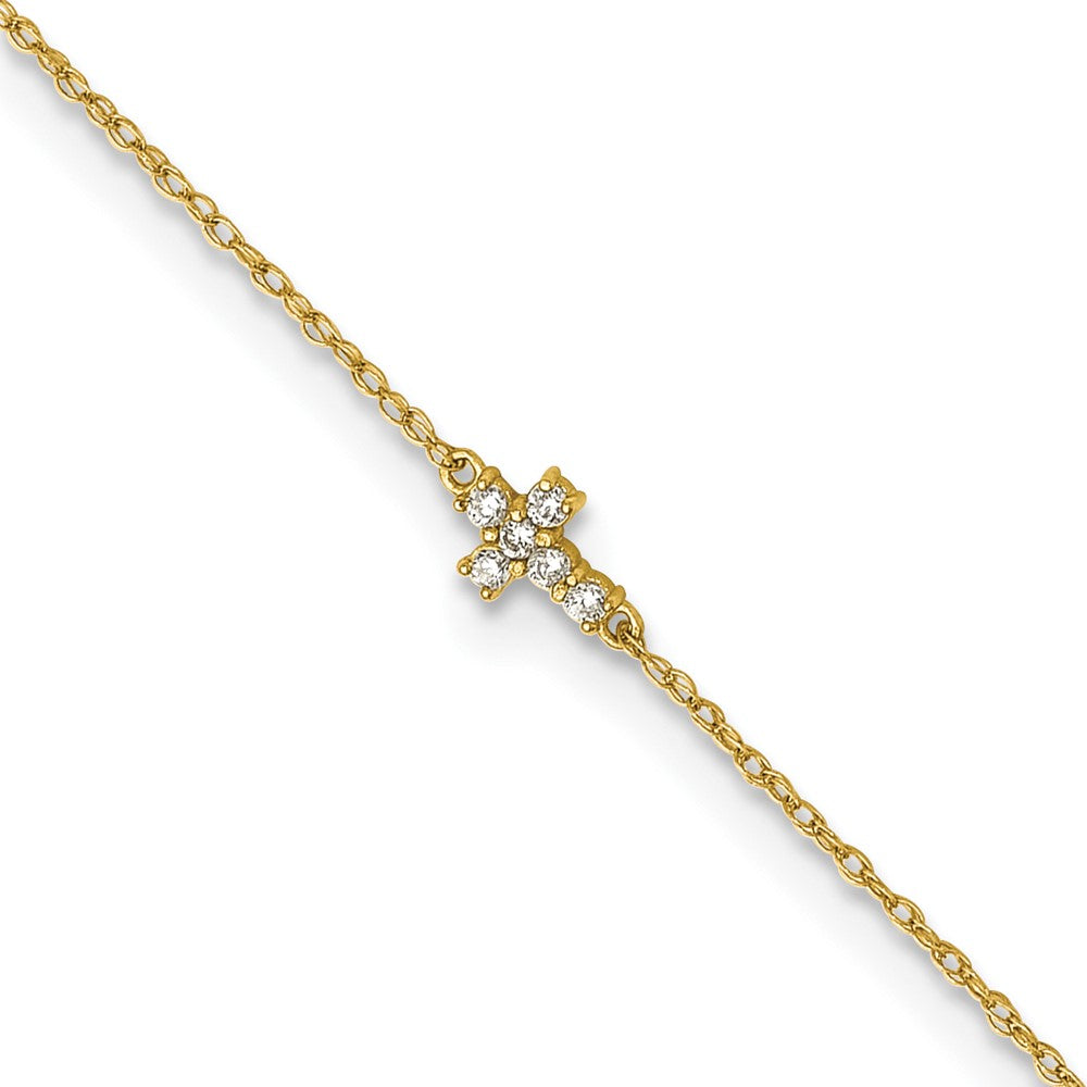 10k Polished CZ Cross 10in Anklet