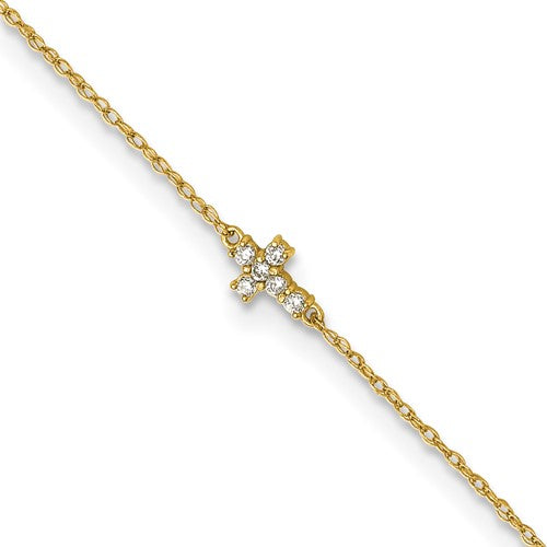 10k Polished CZ Cross 10in Anklet
