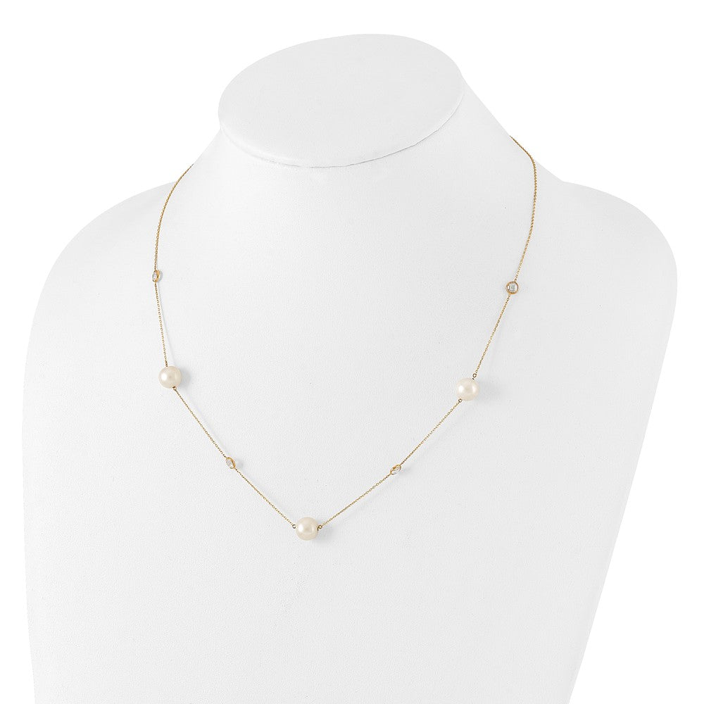 10K Polished CZ and 7-8mm FWC Pearl 7 Station Necklace