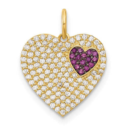 10K Polished Clear & Red CZ Heart Charm