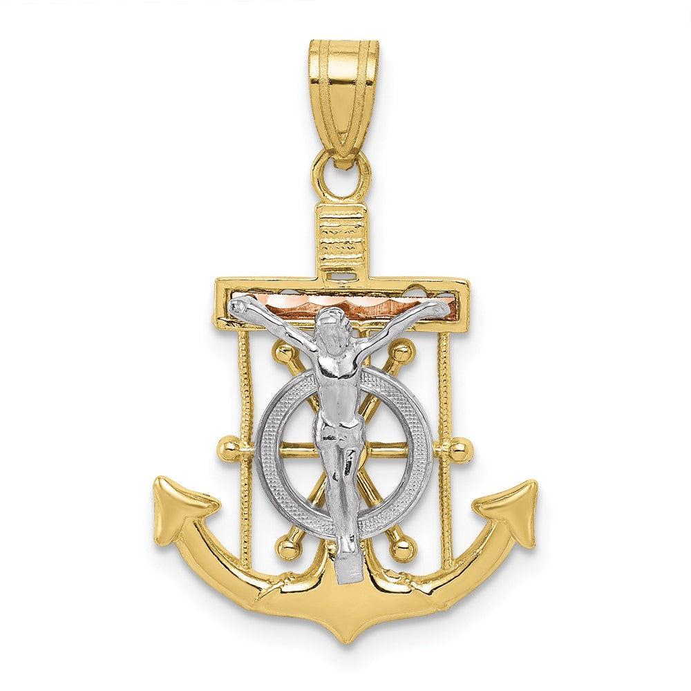 10k Tri-color Diamond-cut w/Textured Mariner's Cross Pendant