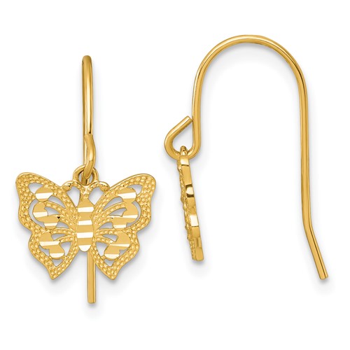 10k Polished Diamond-cut Dangle Butterfly Shepherd Hook Earrings