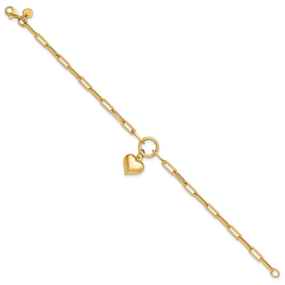 10K Polished Puff Heart Paper Clip Link Bracelet