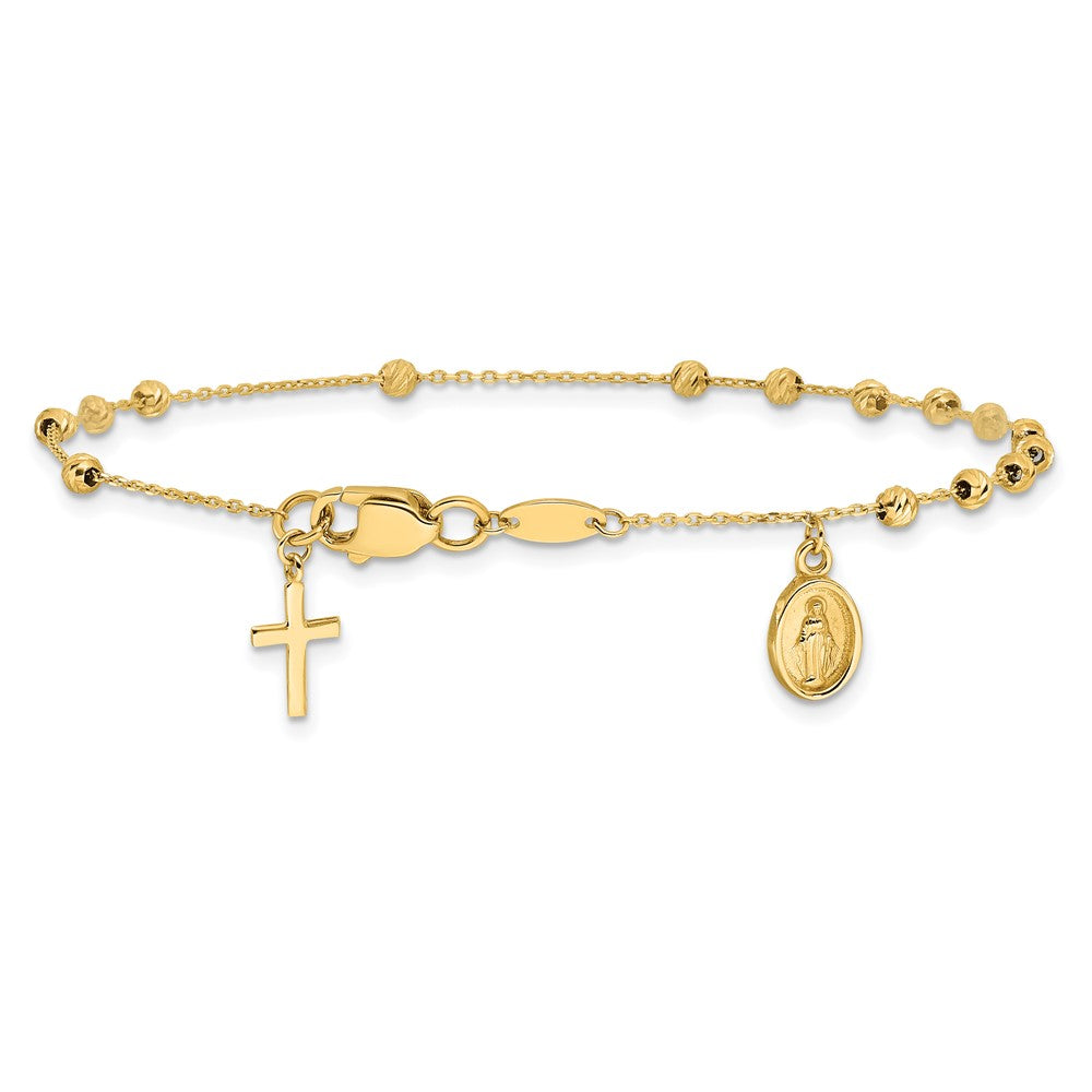 10K Polished Diamond-cut Miraculous Medal / Cross Rosary Design Bracelet