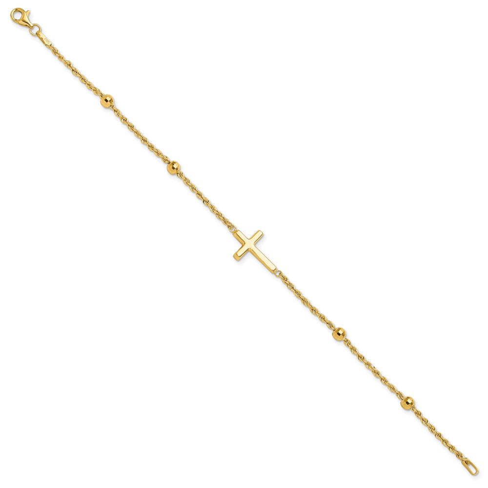 10k D/C Beaded Cross 7.5in Bracelet