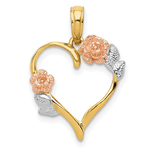10K Two-Tone w/White Rhodium Polished Flower Heart Pendant