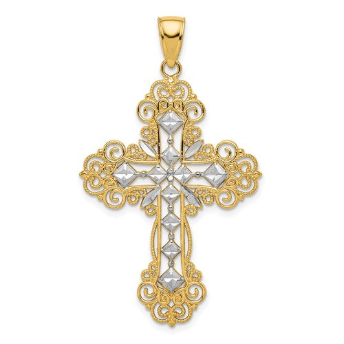 10K & Rhodium Polished & Textured Diamond Pattern Cross Pendant
