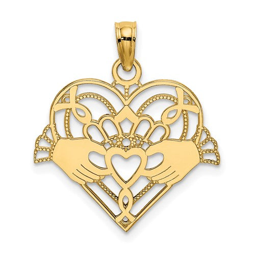 10K Polished and Beaded Claddagh In Heart Charm