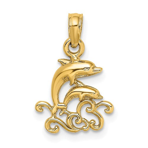 10K Textured Mini Double Dolphins and Waves Charm