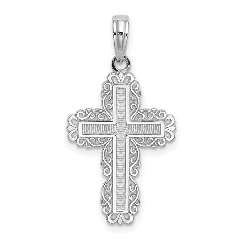 10K White Gold Textured w/ Lace Trim Cross Charm