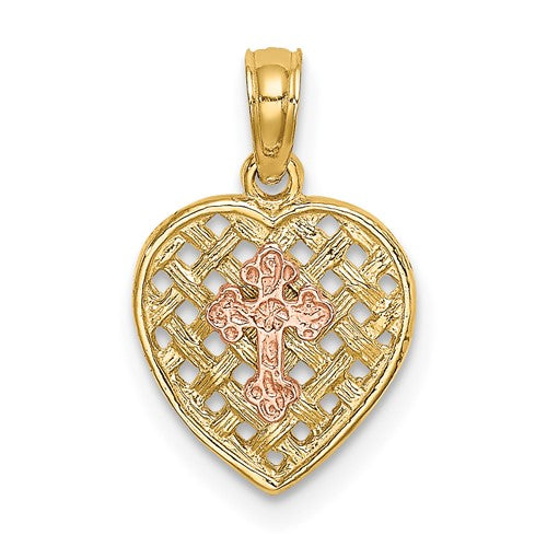 10K Two-Tone Cross on Woven Heart Charm