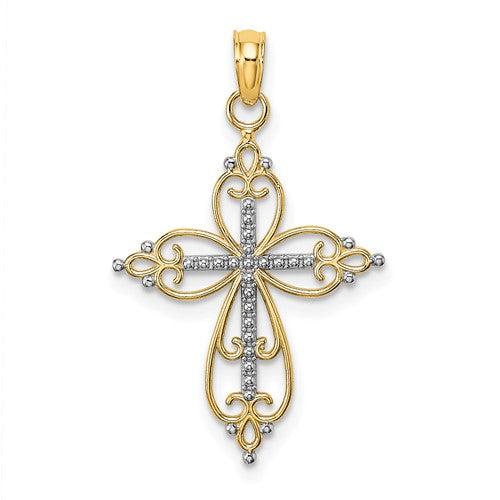 10K W/ Rhodium Beaded Cross Charm
