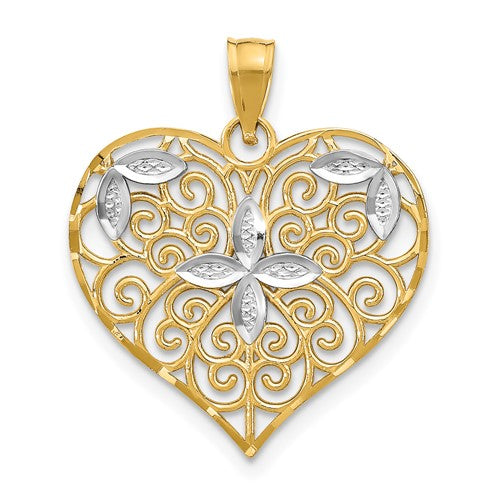 10k w/Rhodium Cut-Out Filigree Flower and Heart Charm