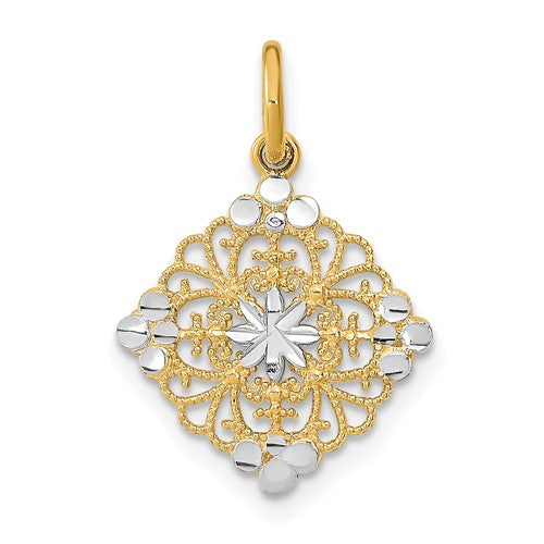 10K w/Rhodium and D/C Filigree Medallion Charm
