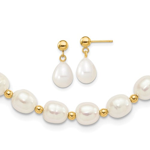 10k 7-8mm White FW Cultured Pearl Necklace and Bead Post Earring Set