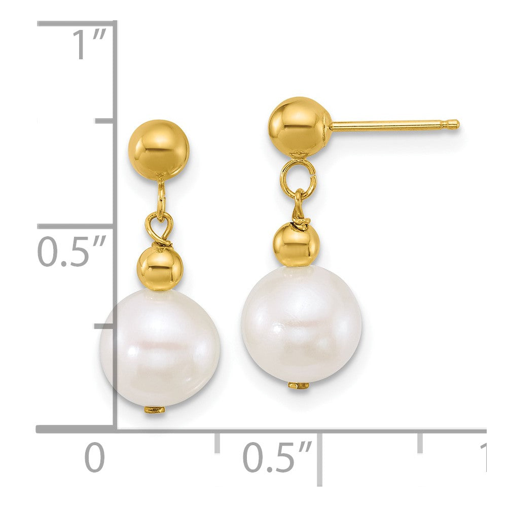 10k Polished 7-8mm Semi-Round FWC Pearl Post Dangle Earrings