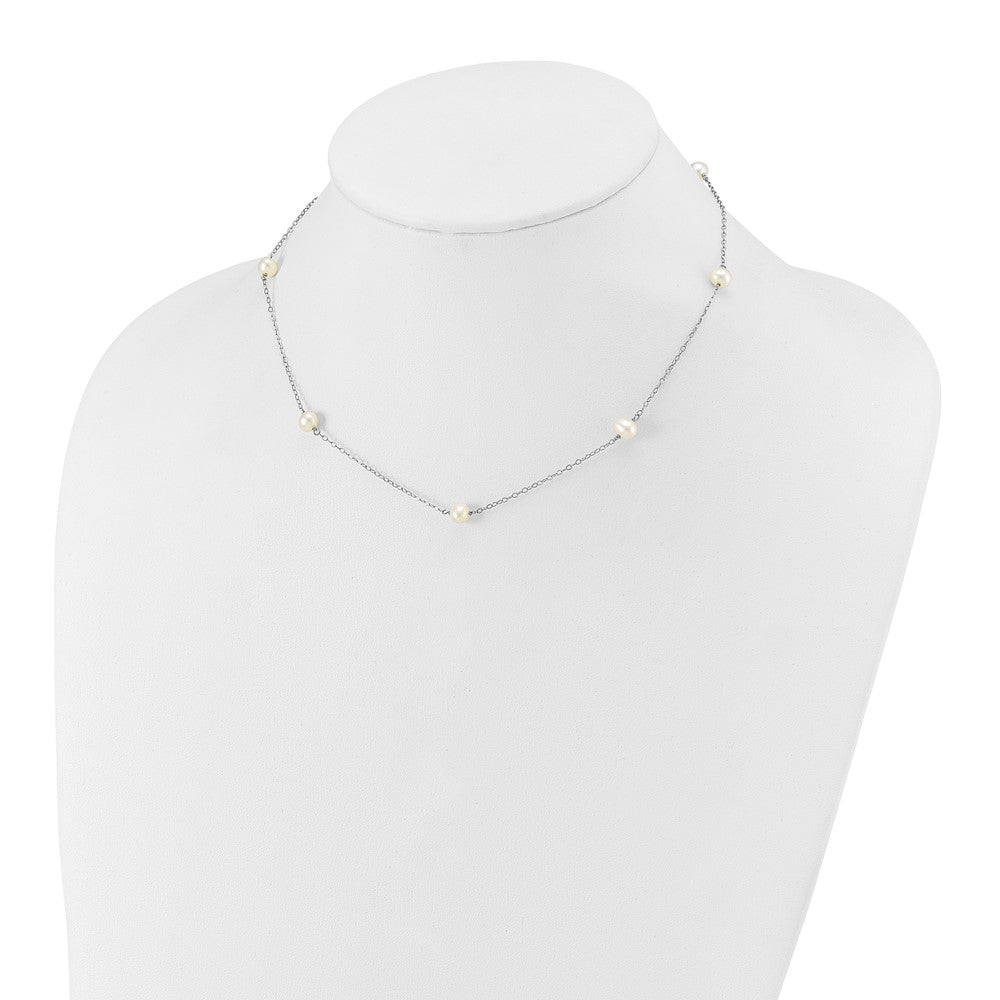 10K White Gold 5-6mm Round White FWC Pearl 7 Station Necklace