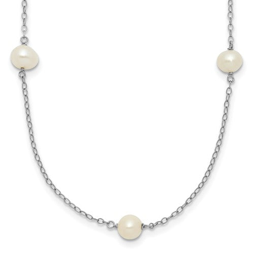 10K White Gold 5-6mm Round White FWC Pearl 7 Station Necklace