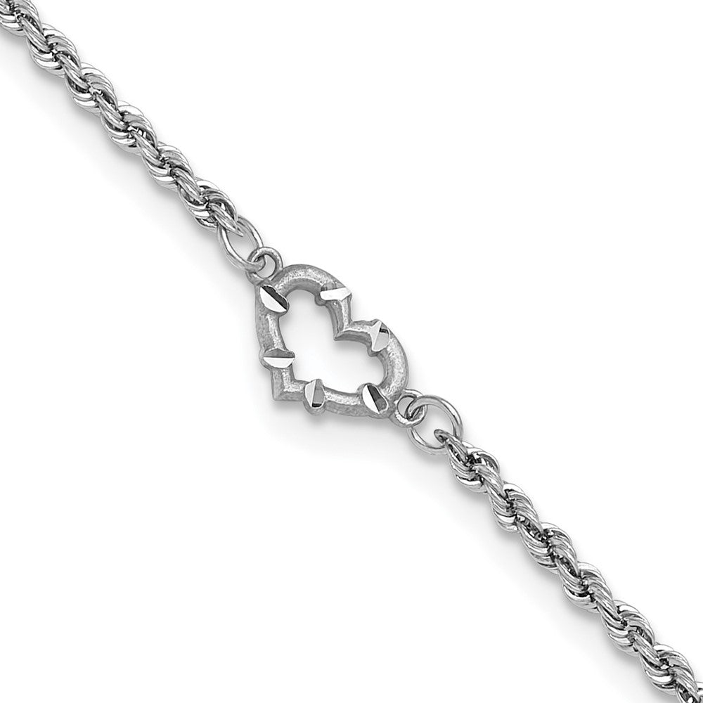 14k White Gold Diamond-cut Rope with Heart 11in Anklet