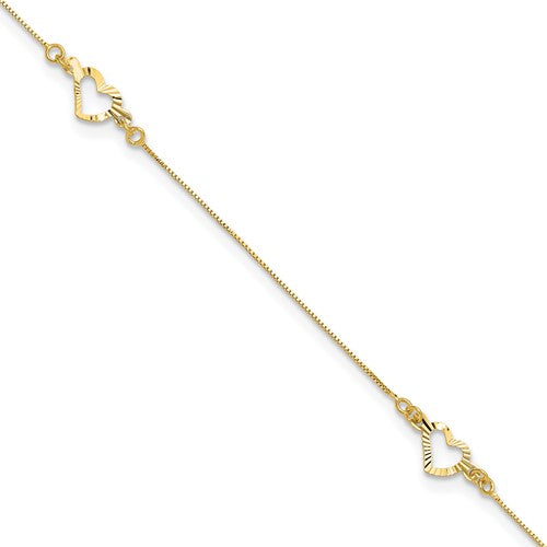 14k Diamond-cut Heart 10in Plus 1in ext. Anklet