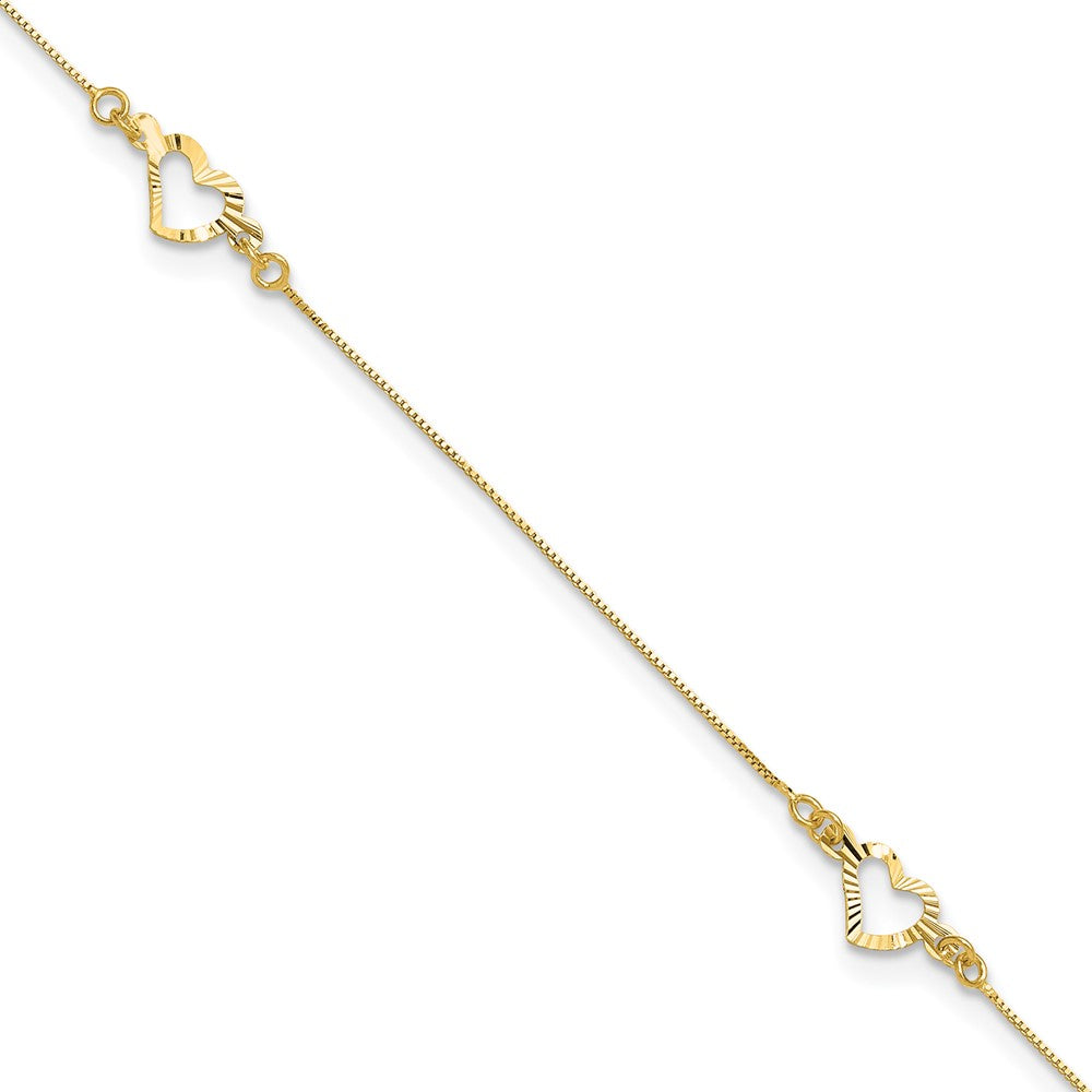 14k Diamond-cut Heart 10in Plus 1in ext. Anklet