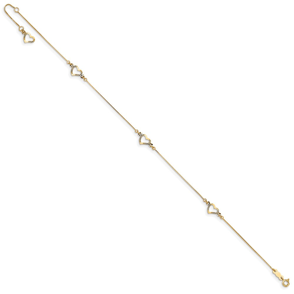 14k Diamond-cut Heart 9in Plus 1in ext Anklet