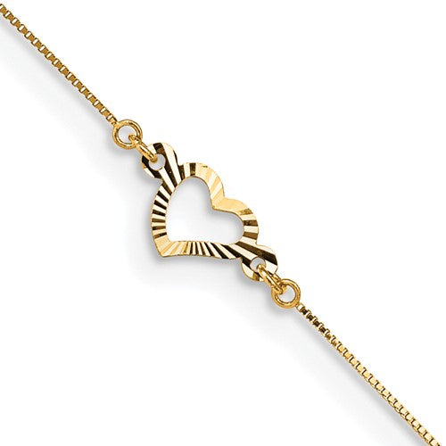 14k Diamond-cut Heart 9in Plus 1in ext Anklet