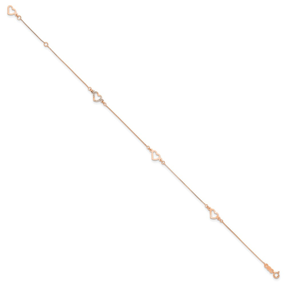 14k Rose Gold  Adjustable Fancy Heart 9in Plus 1in Ext. Anklet
