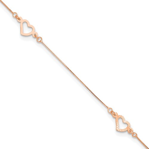 14k Rose Gold  Adjustable Fancy Heart 9in Plus 1in Ext. Anklet