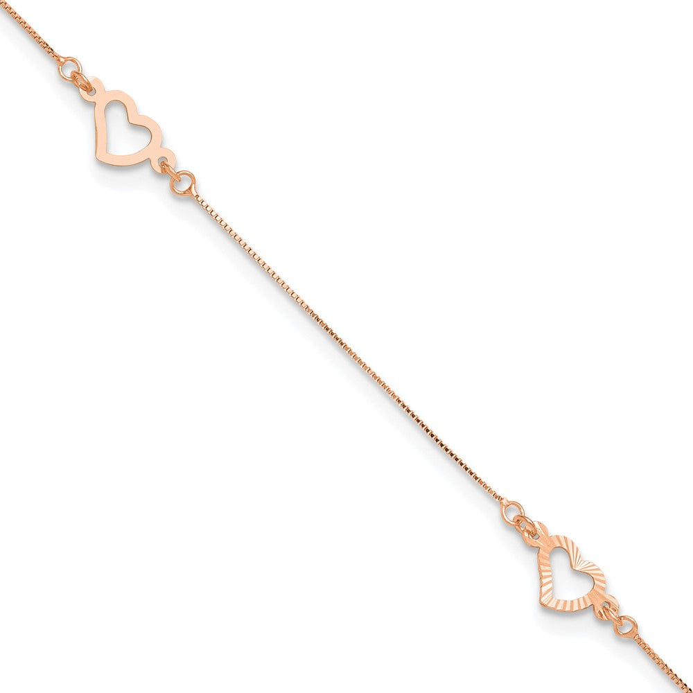 14k Rose Gold  Adjustable Fancy Heart 9in Plus 1in Ext. Anklet