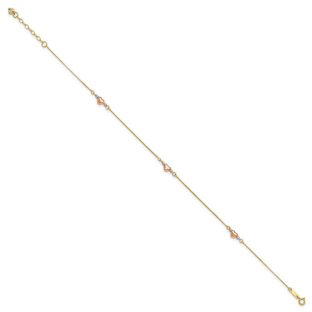 14k Tri-Color Puffed Heart 10in Plus 1in ext Anklet