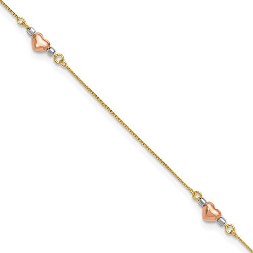 14k Tri-Color Puffed Heart 10in Plus 1in ext Anklet