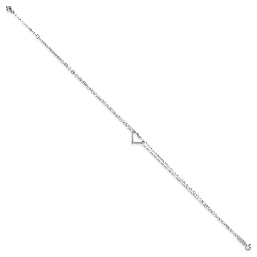 14k White Gold Double Strand Heart 10in Plus 1in ext. Anklet