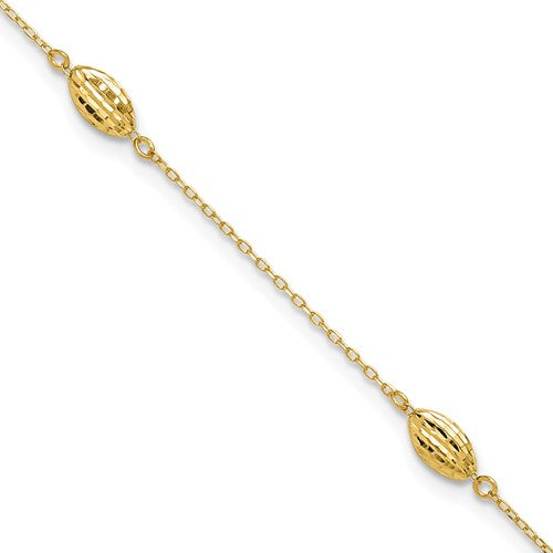 14k Polished Puffed Rice Bead 10in Plus 1in ext. Anklet