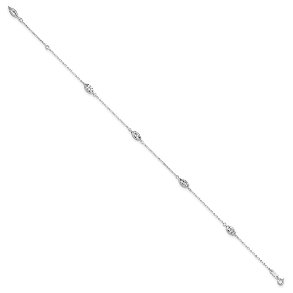 14k White Gold Puffed Rice Bead 9in Plus 1in ext. Anklet