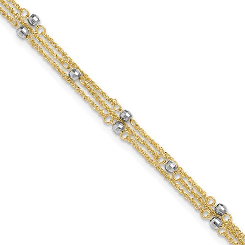 14k Two-tone Triple Strand 9in Plus 1in ext. Anklet