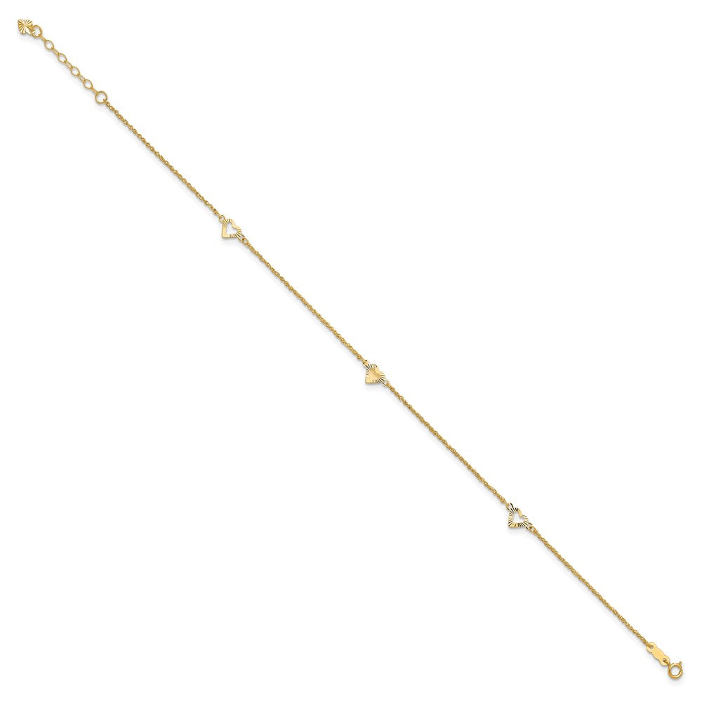 14k Diamond-cut Hearts 10in Plus 1in ext Anklet