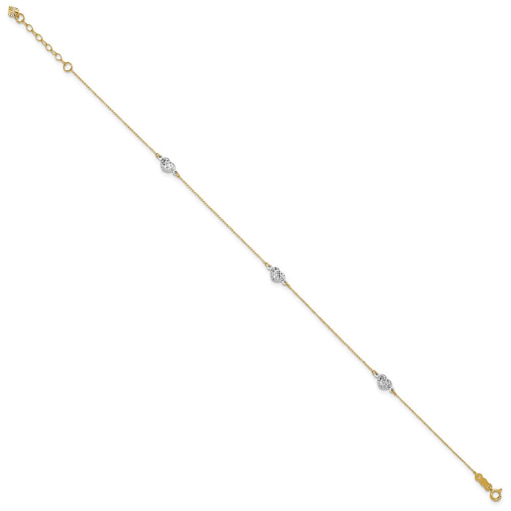 14k Two-tone Puff Heart 10in Plus 1in ext Anklet