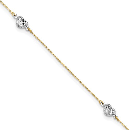 14k Two-tone Puff Heart 10in Plus 1in ext Anklet