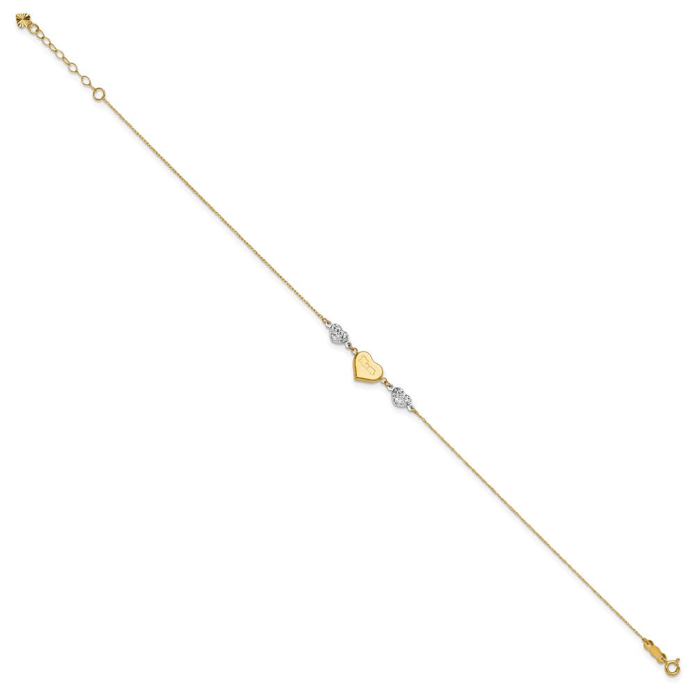 14K Two-tone Diamond-cut Puffed Hearts MOM 10in Plus 1in ext Anklet