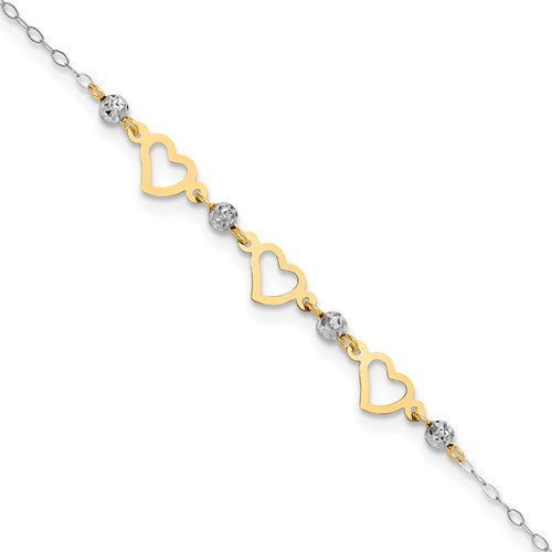 14K Two-tone Oval Link Diamond-cut Beads and Heart 9in Plus 1in Ext Anklet