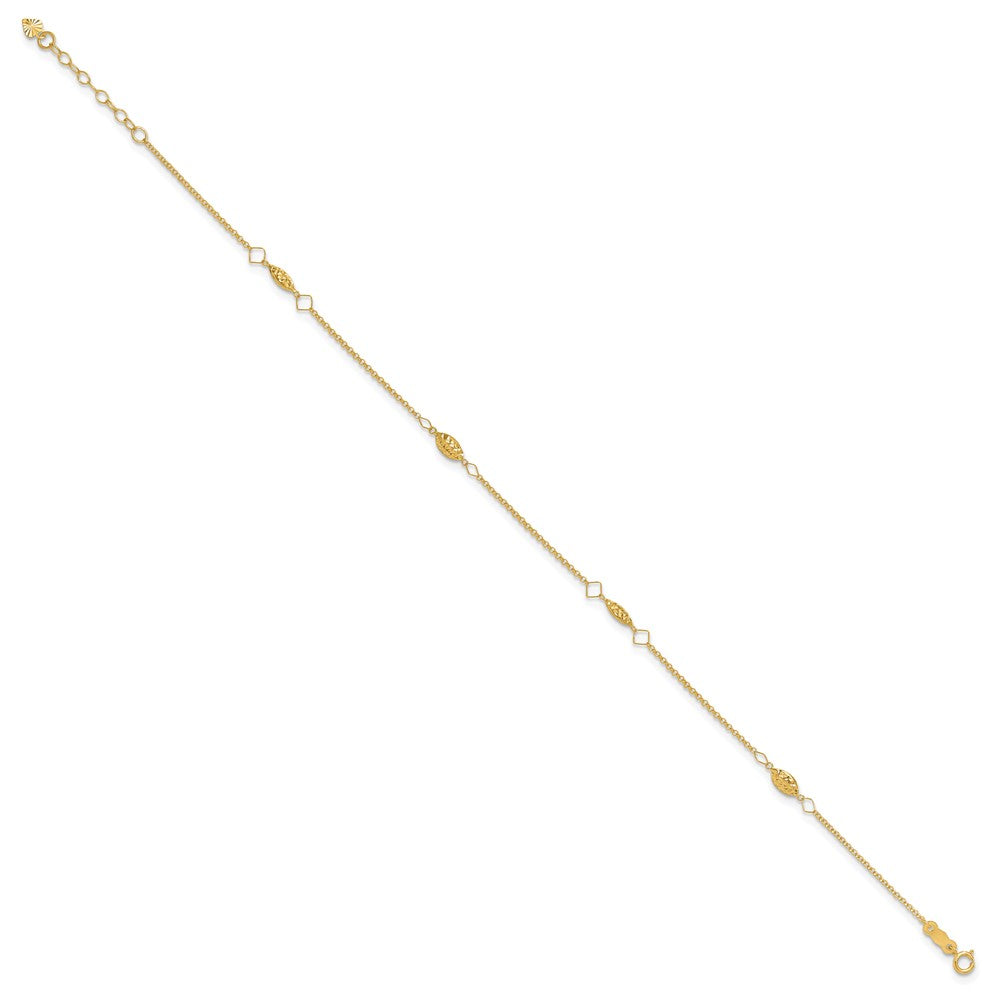 14K Circle Chain Diamond Cut Rice Puff Beads 9in Plus 1in Ext Anklet
