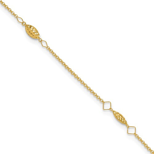 14K Circle Chain Diamond Cut Rice Puff Beads 9in Plus 1in Ext Anklet