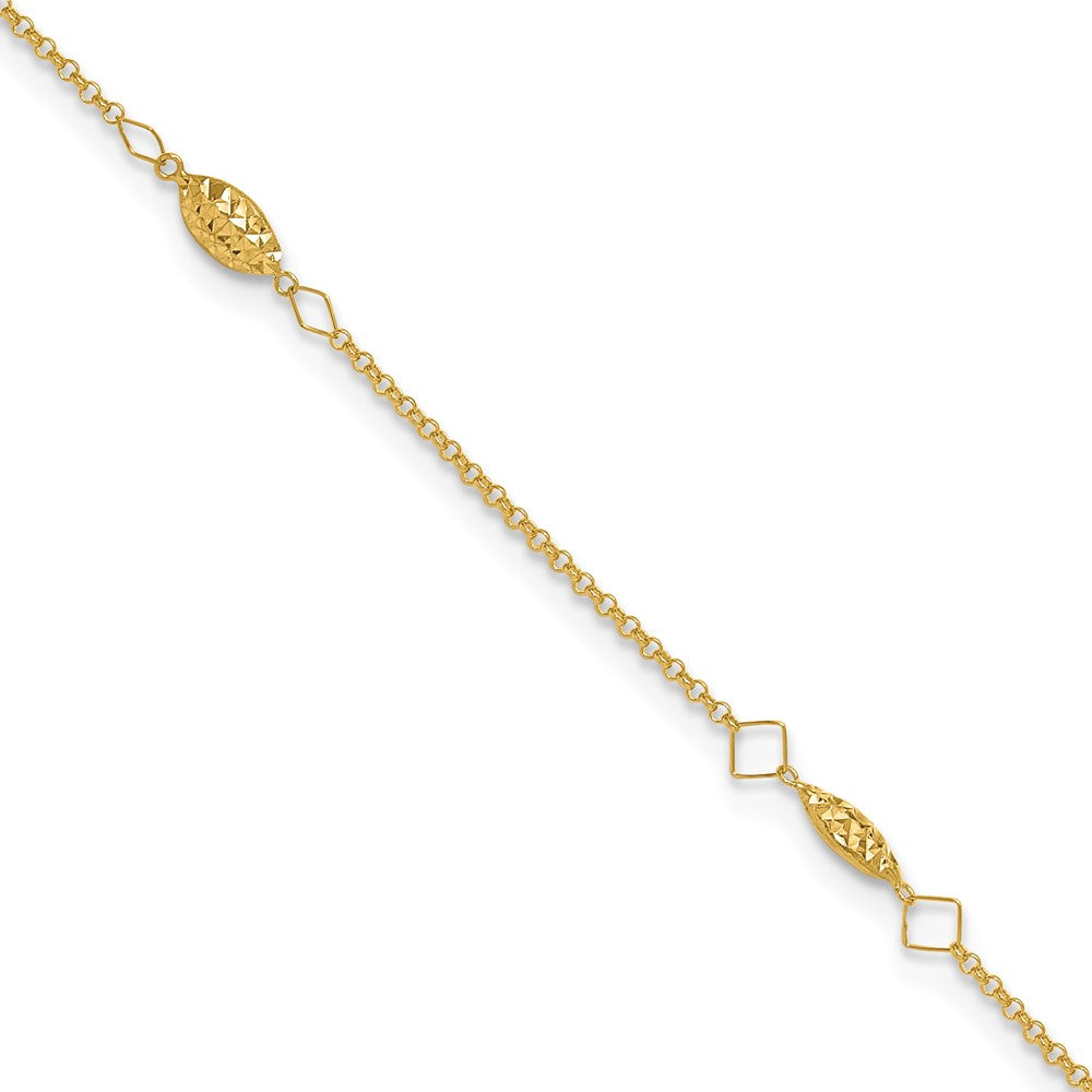 14K Circle Chain Diamond Cut Rice Puff Beads 9in Plus 1in Ext Anklet