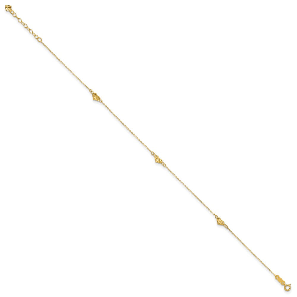 14k Polished Diamond-cut Triple Puffed Hearts 10in Plus 1in. Ext. Anklet